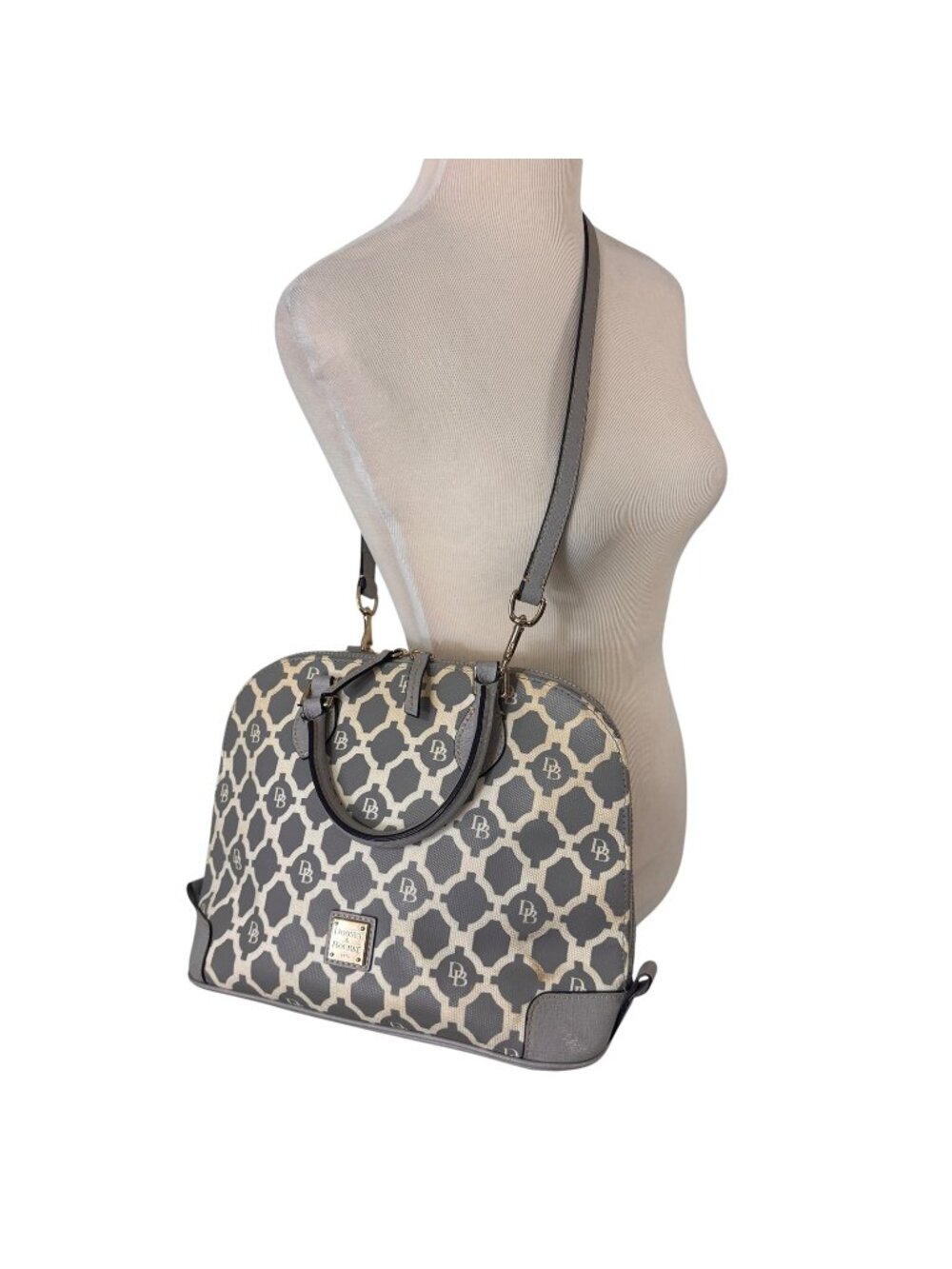 Dooney & Bourke Sanibel Gray Lattice Domed Purse Bag Zip Satchel Leather Trim